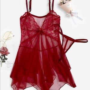 Sheer Lace Babydoll Chemise with Thong - Burgundy